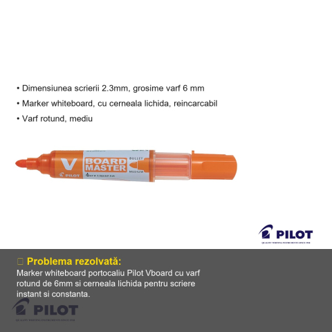 Marker whiteboard Pilot Vboard, varf rotund 6mm, cerneala portocalie, reincarcabil, din plastic reciclat [2]
