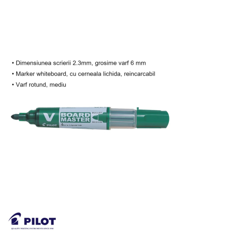 Marker whiteboard Pilot Vboard, varf rotund 6mm, cerneala verde, reincarcabil, din plastic reciclat [2]