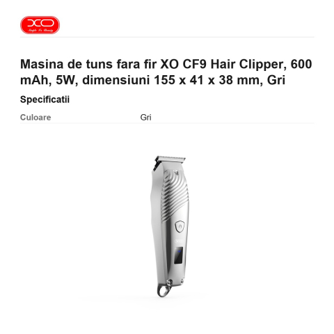 Masina de tuns fara fir XO CF9 Hair Clipper, 600 mAh, 5W, dimensiuni 155 x 41 x 38 mm, Gri [2]