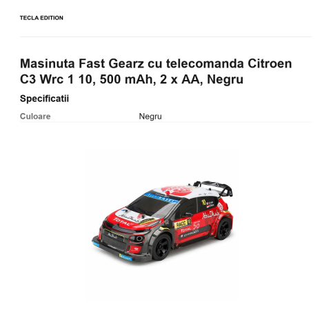 Masinuta Fast Gearz cu telecomanda Citroen C3 Wrc 1 10, 500 mAh, 2 x AA, Negru [2]