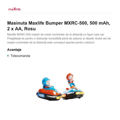 Masinuta Maxlife Bumper MXRC-500, 500 mAh, 2 x AA, Rosu [1]