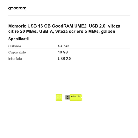 Memorie USB 16 GB GoodRAM UME2, USB 2.0, viteza citire 20 MB/s, USB-A, viteza scriere 5 MB/s, galben [2]