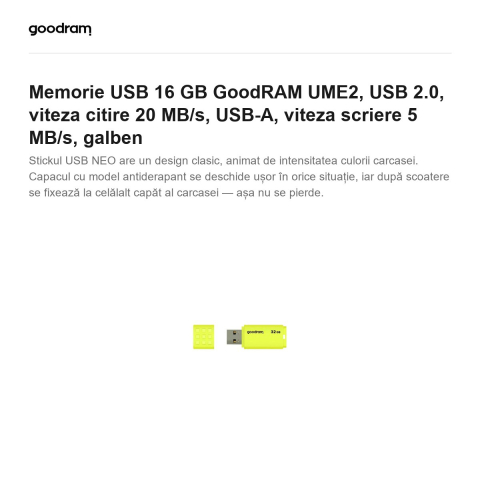 Memorie USB 16 GB GoodRAM UME2, USB 2.0, viteza citire 20 MB/s, USB-A, viteza scriere 5 MB/s, galben [1]