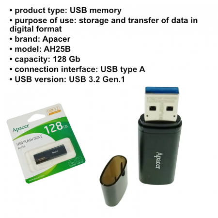 Memorie USB 3.2 Apacer 128Gb, AH25B, cu capac, neagra [5]