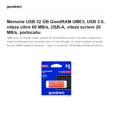 Memorie USB 32 GB GoodRAM UME3, USB 3.0, viteza citire 60 MB/s, USB-A, viteza scriere 20 MB/s, portocaliu [1]