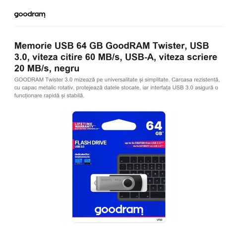 Memorie USB 64 GB GoodRAM Twister, USB 3.0, viteza citire 60 MB/s, USB-A, viteza scriere 20 MB/s, negru [1]