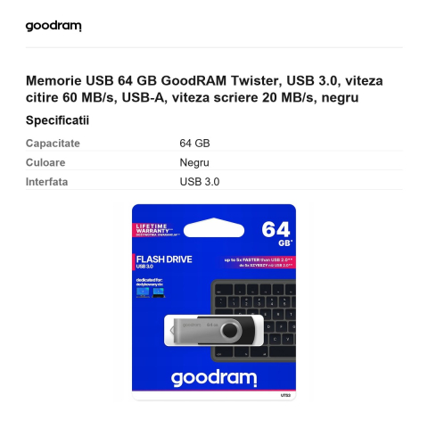 Memorie USB 64 GB GoodRAM Twister, USB 3.0, viteza citire 60 MB/s, USB-A, viteza scriere 20 MB/s, negru [2]