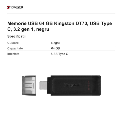 Memorie USB 64 GB Kingston DT70, USB Type C, 3.2 gen 1, negru [2]