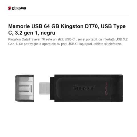Memorie USB 64 GB Kingston DT70, USB Type C, 3.2 gen 1, negru [1]