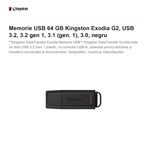 Memorie USB 64 GB Kingston Exodia G2, USB 3.2, 3.2 gen 1, 3.1 (gen. 1), 3.0, negru [1]