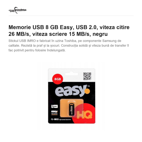 Memorie USB 8 GB Easy, USB 2.0, viteza citire 26 MB/s, viteza scriere 15 MB/s, negru [1]