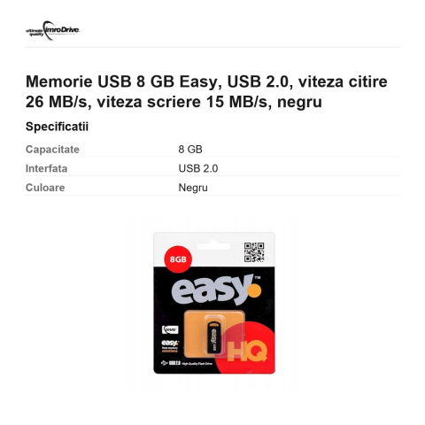 Memorie USB 8 GB Easy, USB 2.0, viteza citire 26 MB/s, viteza scriere 15 MB/s, negru [2]