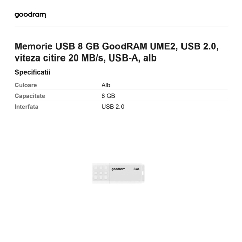 Memorie USB 8 GB GoodRAM UME2, USB 2.0, viteza citire 20 MB/s, USB-A, alb [2]