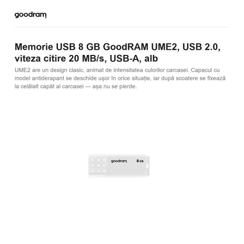 Memorie USB 8 GB GoodRAM UME2, USB 2.0, viteza citire 20 MB/s, USB-A, alb [1]