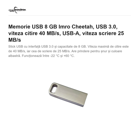 Memorie USB 8 GB Imro Cheetah, USB 3.0, viteza citire 40 MB/s, USB-A, viteza scriere 25 MB/s [1]