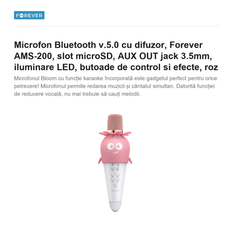Microfon Bluetooth v.5.0 cu difuzor, Forever AMS-200, slot microSD, AUX OUT jack 3.5mm, iluminare LED, butoade de control si efecte, roz [1]