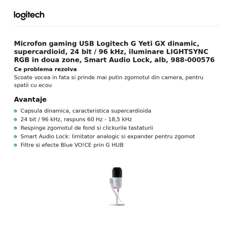 Microfon gaming USB Logitech G Yeti GX dinamic, supercardioid, 24 bit / 96 kHz, iluminare LIGHTSYNC RGB in doua zone, Smart Audio Lock, alb, 988-000576 [1]