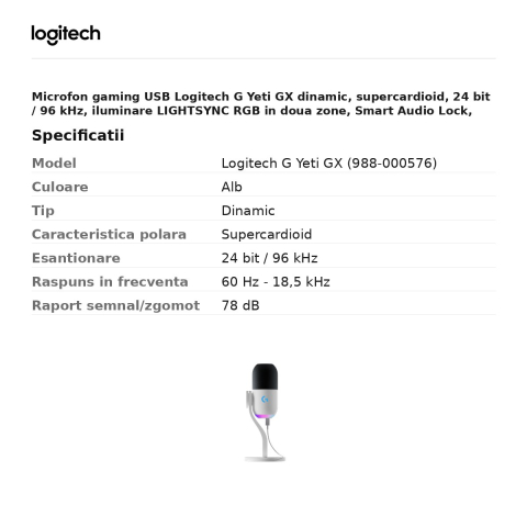Microfon gaming USB Logitech G Yeti GX dinamic, supercardioid, 24 bit / 96 kHz, iluminare LIGHTSYNC RGB in doua zone, Smart Audio Lock, alb, 988-000576 [2]