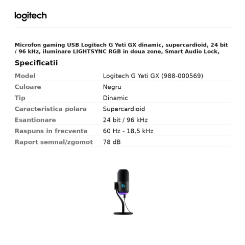 Microfon gaming USB Logitech G Yeti GX dinamic, supercardioid, 24 bit / 96 kHz, iluminare LIGHTSYNC RGB in doua zone, Smart Audio Lock, negru, 988-000569 [2]