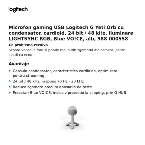 Microfon gaming USB Logitech G Yeti Orb cu condensator, cardioid, 24 bit / 48 kHz, iluminare LIGHTSYNC RGB, Blue VO!CE, alb, 988-000558 [1]