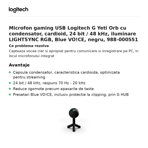 Microfon gaming USB Logitech G Yeti Orb cu condensator, cardioid, 24 bit / 48 kHz, iluminare LIGHTSYNC RGB, Blue VO!CE, negru, 988-000551 [1]