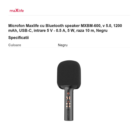Microfon Maxlife cu Bluetooth speaker MXBM-600, v 5.0, 1200 mAh, USB-C, intrare 5 V - 0.5 A, 5 W, raza 10 m, Negru [2]