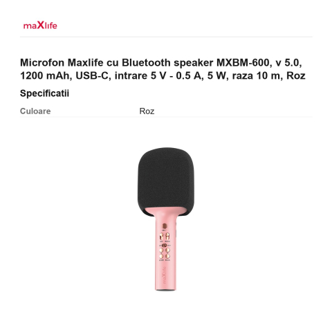 Microfon Maxlife cu Bluetooth speaker MXBM-600, v 5.0, 1200 mAh, USB-C, intrare 5 V - 0.5 A, 5 W, raza 10 m, Roz [2]