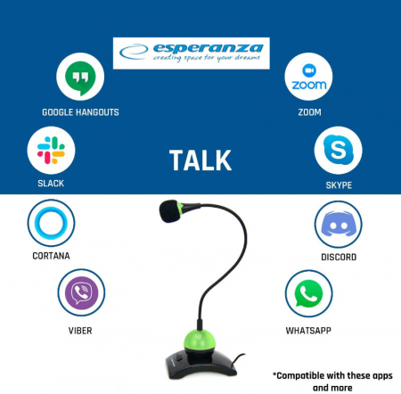 Microfon PC cu brat flexibil 18 cm si buton pornire, Esperanza Chat, conector jack 3.5mm si cablu 2 m, negru cu verde [7]