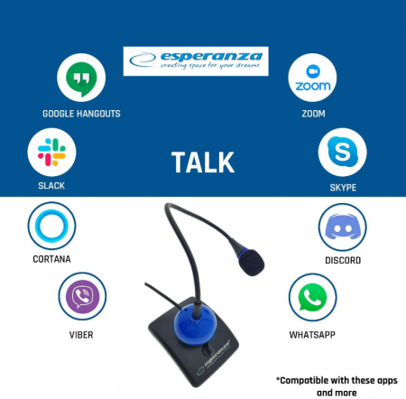 Microfon PC cu brat flexibil 18 cm si buton pornire, Esperanza Chat, conector jack 3.5mm si cablu 2 m, negru cu albastru [7]