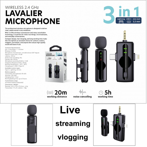 Microfon Wireless Profesional 2.4G - Set Cu Receptor Universal (USB-C, Lightning, 3.5mm) pentru Vlogging, Streaming si Inregistrari [6]