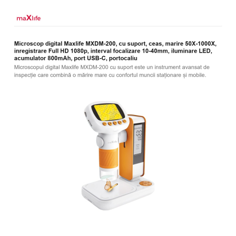 Microscop digital Maxlife MXDM-200, cu suport, ceas, marire 50X-1000X, inregistrare Full HD 1080p, interval focalizare 10-40mm, iluminare LED, acumulator 800mAh, port USB-C, portocaliu [1]