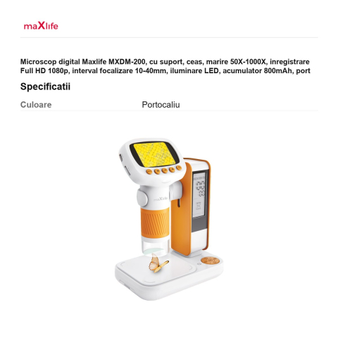 Microscop digital Maxlife MXDM-200, cu suport, ceas, marire 50X-1000X, inregistrare Full HD 1080p, interval focalizare 10-40mm, iluminare LED, acumulator 800mAh, port USB-C, portocaliu [2]