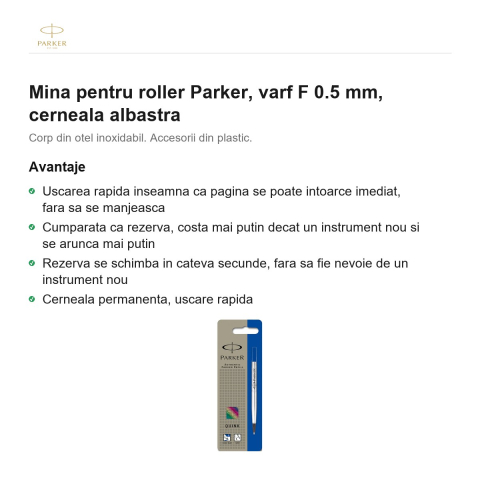 Mina pentru roller Parker, varf F 0.5 mm, cerneala albastra [1]