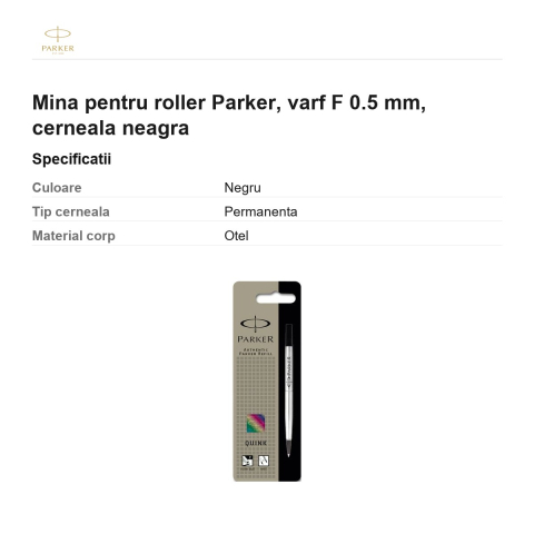 Mina pentru roller Parker, varf F 0.5 mm, cerneala neagra [2]