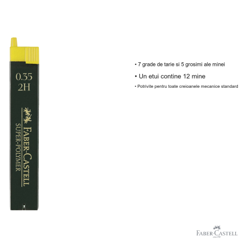 Mine creion mecanic Faber-Castell Super-Polymer 0.35 mm, duritate 2H, rezistenta la rupere, set 12 bucati [2]
