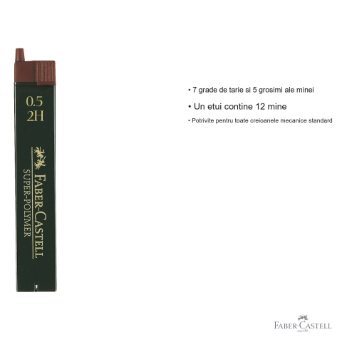 Mine creion mecanic Faber-Castell Super-Polymer 0.5 mm, duritate 2H, set 12 bucati, pentru uz tehnic si desen precis [2]