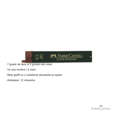 Mine creion mecanic Faber-Castell Super-Polymer 0.5 mm, duritate 2H, set 12 bucati, pentru uz tehnic si desen precis [1]