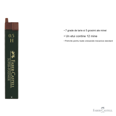 Mine creion mecanic Faber-Castell Super-Polymer 0.5 mm duritate H, rezistenta la rupere, 12 mine/etui [2]