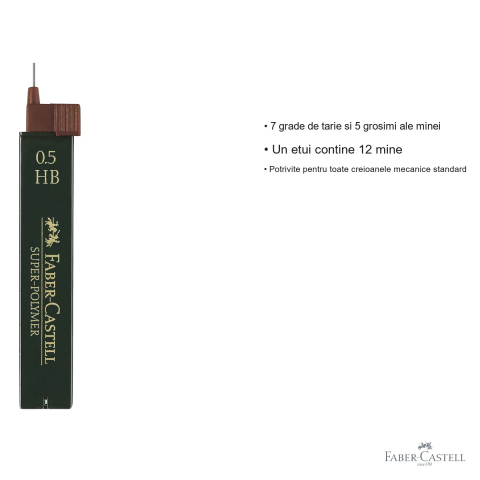 Mine creion mecanic Faber-Castell Super-Polymer 0.5 mm HB, rezistenta la rupere, 12 bucati/etui [2]