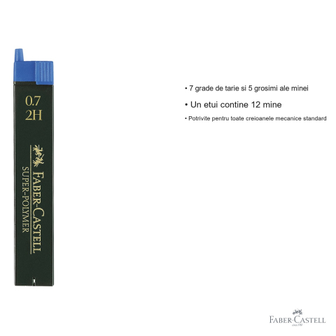 Mine creion mecanic Faber-Castell Super-Polymer 0.7 mm, duritate 2H, set 12 bucati, pentru scriere tehnica si desen de precizie [2]