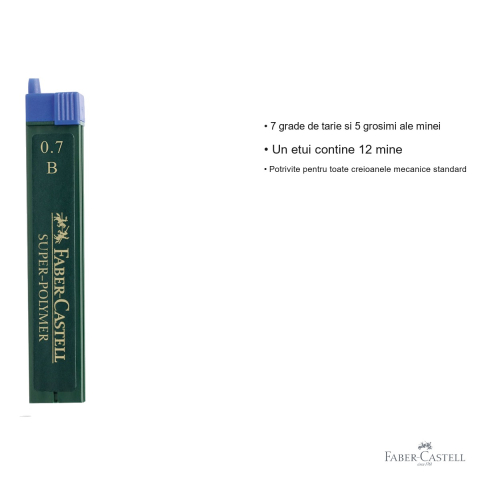 Mine creion mecanic Faber-Castell Super-Polymer 0.7mm duritate B, rezistenta la rupere, 12 bucati/etui [2]