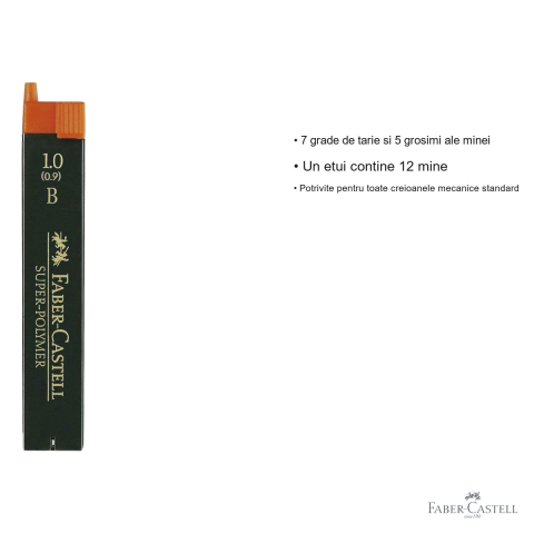 Mine creion mecanic Faber-Castell Super-Polymer 0.9mm duritate B, rezistenta la rupere, 12 bucati/etui [2]