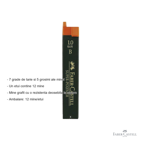Mine creion mecanic Faber-Castell Super-Polymer 0.9mm duritate B, rezistenta la rupere, 12 bucati/etui [1]