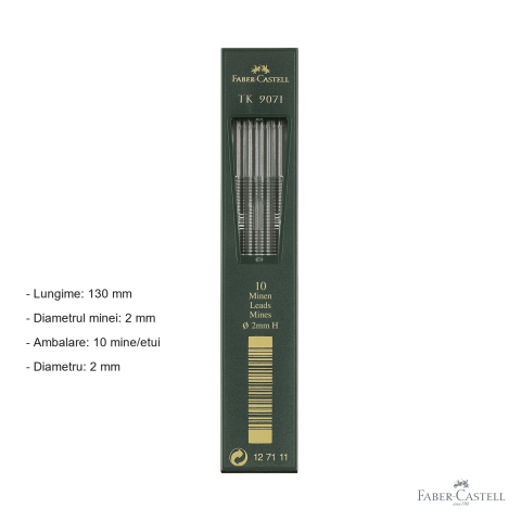 Mine creion mecanic Faber-Castell TK, grafit 2mm duritate H, 10 bucati, linii negre intense [1]
