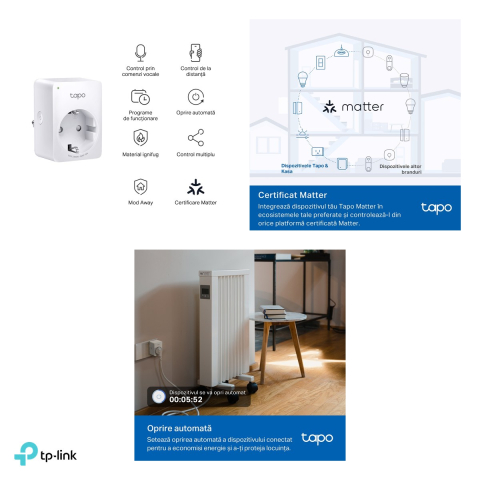 Mini priza smart Wi-Fi TP-Link Tapo P100M, compatibila Matter, Apple Home, Alexa, Google Assistant si SmartThings, 10 A, 2300 W, priza Schuko, alb [3]