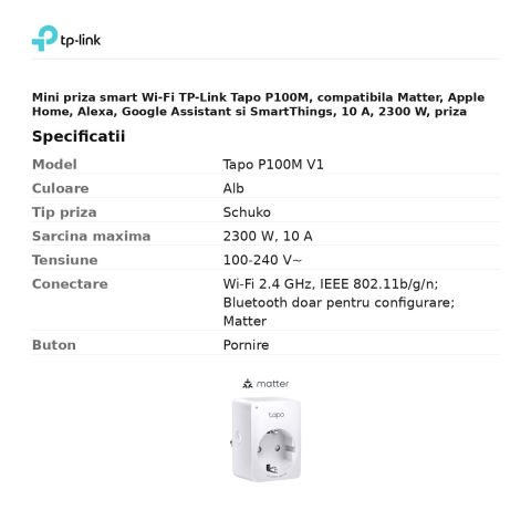 Mini priza smart Wi-Fi TP-Link Tapo P100M, compatibila Matter, Apple Home, Alexa, Google Assistant si SmartThings, 10 A, 2300 W, priza Schuko, alb [2]