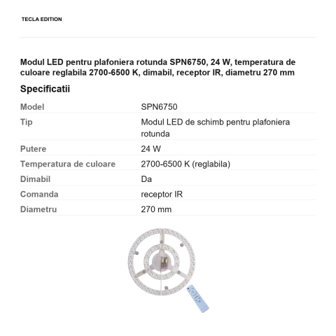 Modul LED pentru plafoniera rotunda SPN6750, 24 W, temperatura de culoare reglabila 2700-6500 K, dimabil, receptor IR, diametru 270 mm [2]