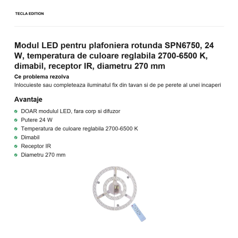 Modul LED pentru plafoniera rotunda SPN6750, 24 W, temperatura de culoare reglabila 2700-6500 K, dimabil, receptor IR, diametru 270 mm [1]