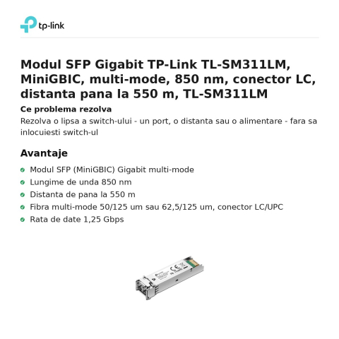 Modul SFP Gigabit TP-Link TL-SM311LM, MiniGBIC, multi-mode, 850 nm, conector LC, distanta pana la 550 m, TL-SM311LM [1]