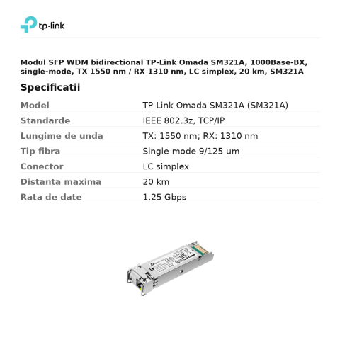Modul SFP WDM bidirectional TP-Link Omada SM321A, 1000Base-BX, single-mode, TX 1550 nm / RX 1310 nm, LC simplex, 20 km, SM321A [2]